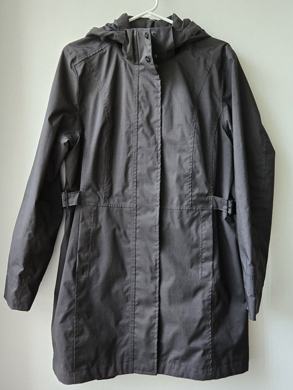 North Face L Women’s Black Rain Coat Jacket HyVent Long Remove Hood Zip Pockets